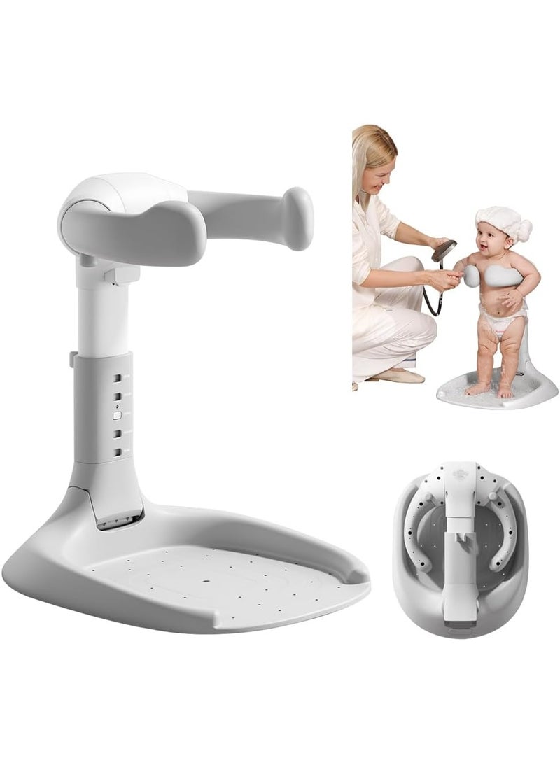 Baby Shower Stand, Baby Standing Bath with Anti-Pinch Adjustable Height and Armrest, Shower Standing Support with Anti-Slip Base and Mat for Infants 6-36 Months -Grey - Image 3